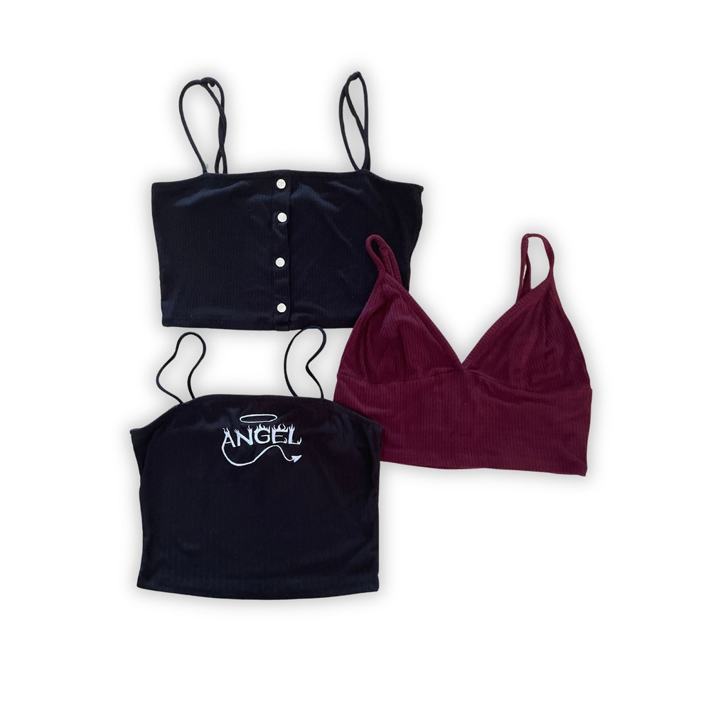3-Piece Crop Top Bundle Black & Burgundy Ribbed Cami Tank Tops Size M